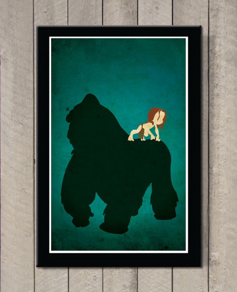 May include: A teal green background with a black silhouette of a gorilla and a small human figure riding on its back. The human figure is brown with red hair.
