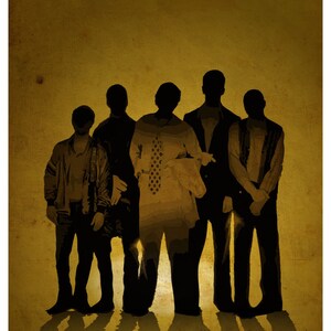 May include: Poster featuring a stylized silhouette of five figures against a golden-brown background. The figures cast long shadows. The text "THE USUAL SUSPECTS" is printed at the bottom in a dark font.