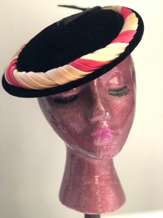 Vintage 40s 50s black velvet silk tilt hat formal