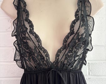 Camisola ou vestido de alça preto longo Vintage Flair Lingerie, tamanho pequeno, fabricado nos EUA.