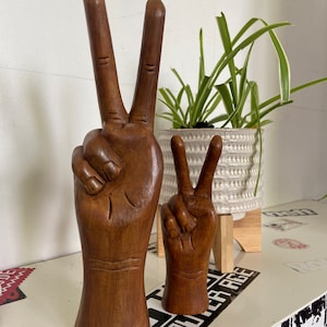 6” or 8”  Hand carved wooden peace sign hand fingers boho hippie decor