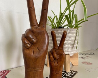 6” or 8”  Hand carved wooden peace sign hand fingers boho hippie decor