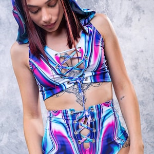 Hooded Crop Top, Lace Up Top, Rave Crop Top, Rave Outfit, Festival Hooded Top, Festival Bra, Rave Bralette, Burning Man Top, Psychedelic Top