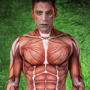 Anatomy Man Costume Mens Second Skin Halloween Fancy Dress Outfit Muscle Body