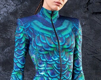 Peacock Costume Women, Peacock Bodysuit, Peacock Rave Costume, Pole Dance Bodysuit, Festival Outfit, Rave Clothing, Burning Man Catsuit