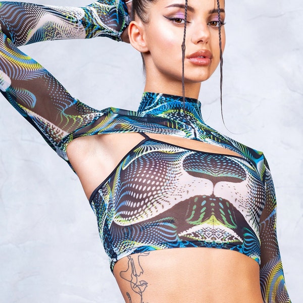 Top transparent, Rave Crop Top, Mesh Shrug Top, Mesh Bolero, Festival Bolero, Top à manches longues, Rave Shrug, Crop Top, Crop Top psychédélique