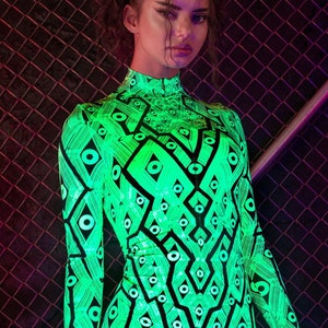 UV Black Light Costume, Green Neon Bodysuit, UV Light Reactive Costume, Rave Bodysuit For Women, Festival Costume Women, Neon Party Costume