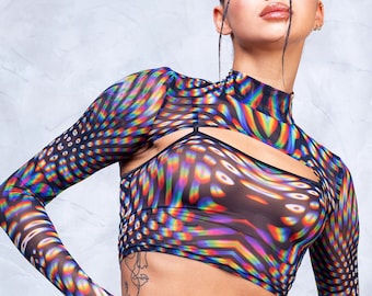 Rave Mesh Top, Transparent Crop Top, Sheer Crop Top, Mesh Bolero, Festival Bolero, Long Sleeve Top, Crop Top, Psychedelic Crop Top, Sexy Top