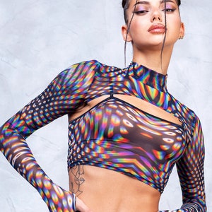 Rave Mesh Top, Transparent Crop Top, Sheer Crop Top, Mesh Bolero, Festival Bolero, Long Sleeve Top, Crop Top, Psychedelic Crop Top, Sexy Top