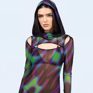 mesh dress with hood Sheer White Mesh See Through Hooded Gown with Long Sleeves and Puddle Train -
