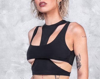 Black Crop Top, Rave Top, Techno Top, Festival Top, Sexy Festival Outfit, Rave Set, Festival Outfit Woman, Rave Outfit Woman, Rave Shorts