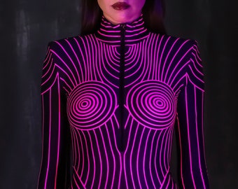 Pink Neon Bodysuit, UV Glow Bodysuit, Festival Costume, UV Light Reactive Bodysuit, Festival Bodysuit For Women, Festival Clothing Women