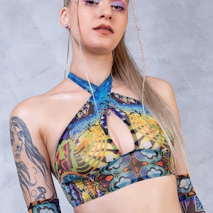 Mesh Top, Rave Outfit, Psychedelic Set, Summer Festival Top, Rave Top, Mesh Crop Top, Transparent Long Sleeve Top, Rave Set, Festival Outfit