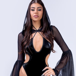 Black Bodysuit With Shrug And Leg Wraps Gothic Fairy Costume, Halloween Spooky Witchy Outfit, Dark Fantasy Rave Clothing, Festival Cosplay