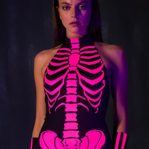 Glow in the Dark Bodysuit, Sexy Halloween Catsuit, Pink Neon Bodysuit, Skeleton Catsuit Women, Skeleton Bodysuit, Halloween Costume Woman