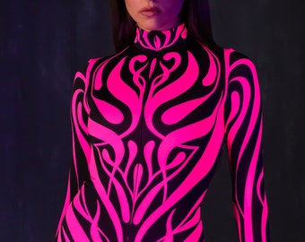 Pink Neon Bodysuit, UV Glow Bodysuit, Halloween Costume, UV Light Reactive Bodysuit, Halloween Costume For Women, Halloween Clothing Women