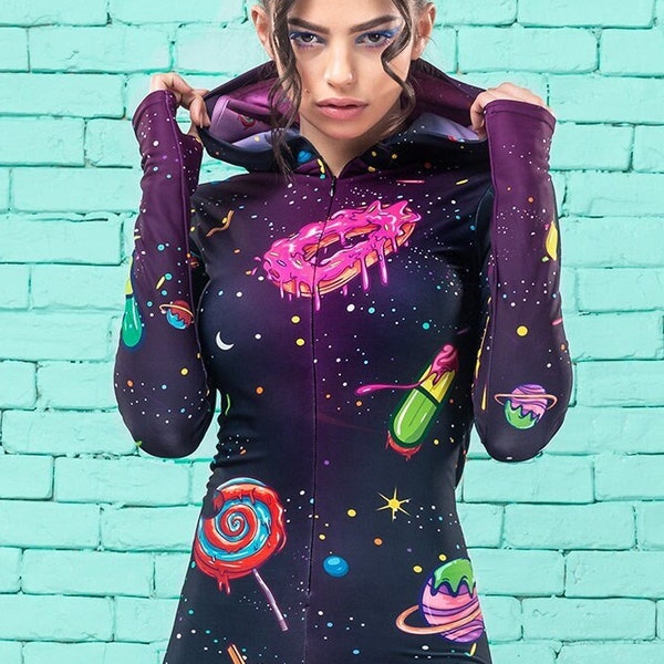 Mono Galaxy, Galaxy Onesie, Ropa Galaxy, Mono Burning Man, Ropa Burning Man, Mono Negro Mujeres, Traje de Artista Escénico