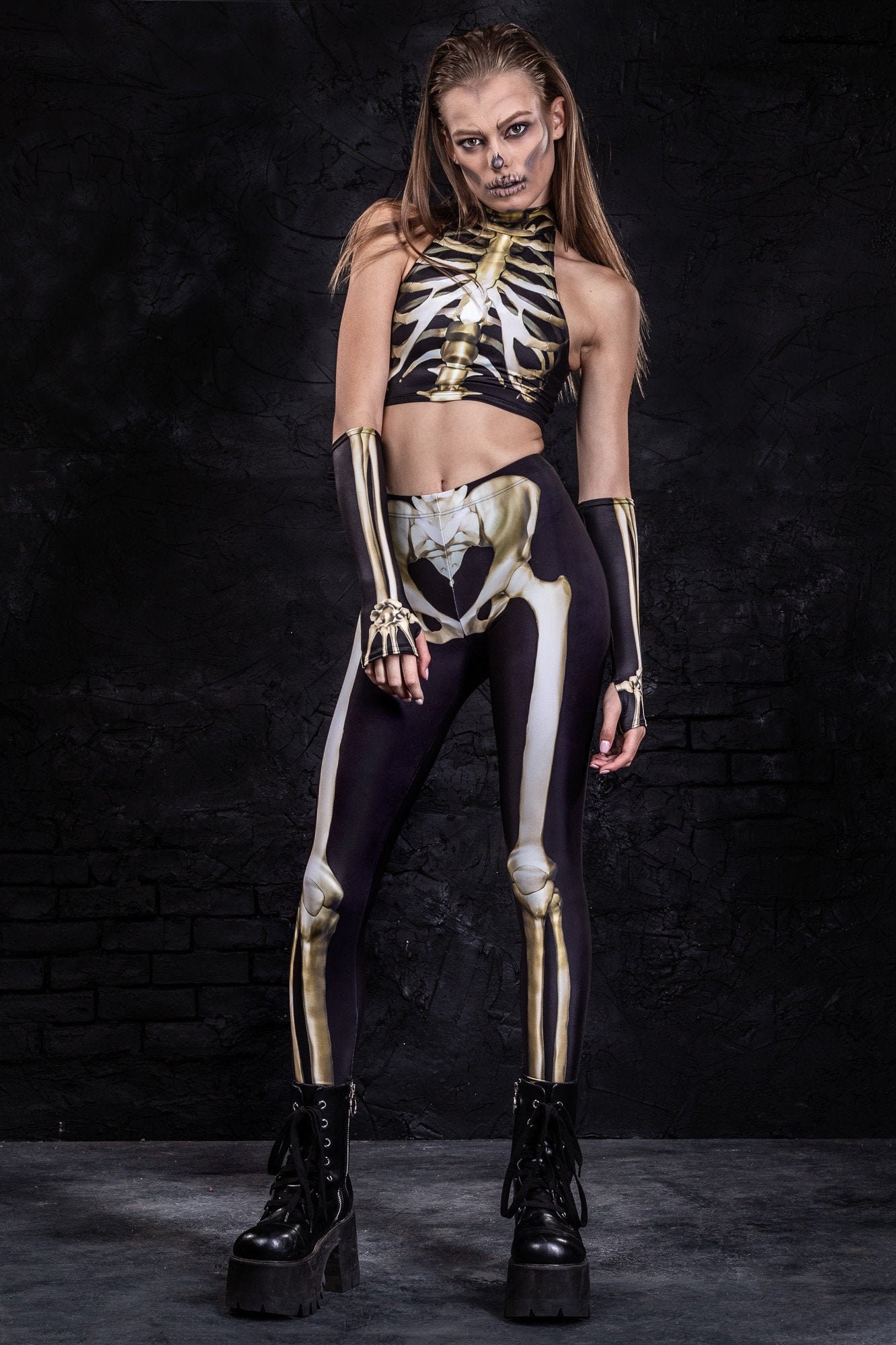 Halloween Skeleton Leggings, Skeleton Tank Top Women, Fingerless Skeleton Gloves, Gothic Clothing, Pagan Clothing, Skeleton Costume Woman