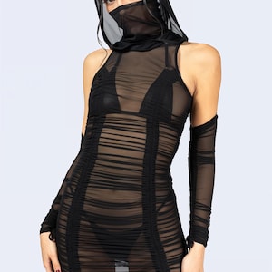 Vestido de malla fruncida, vestido negro transparente para fiesta rave, ropa de festival para mujer, vestido y capucha de malla, atuendo de malla para Burning Man, atuendo para fiesta rave para mujer