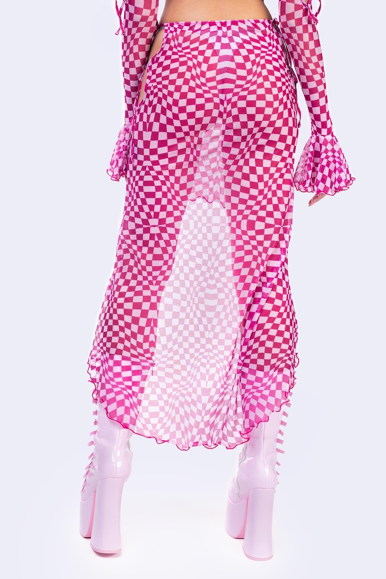 Women Rave Checkered Set, Transparent Skirt, Sheer Crop Top, Pink ...
