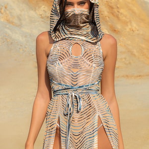 Rave Hooded Mesh Dress Woman, Festival Clothing For Women, Burning Man Outfit, Sheer Costume, Minimal Dress Woman, Party Festival Clothing