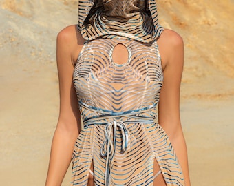 Abito da donna con cappuccio in rete, abbigliamento da festival per donne, abbigliamento Burning Man, costume trasparente, abito minimalista da donna, abbigliamento da festa e festival