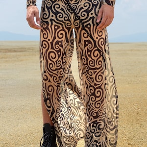 Mesh Slit Pants Men, Festival Outfit For Men, Burning Man Costume, Sheer Rave Clothing, Wide Leg Pants, Cyber Festival Outfit For Men