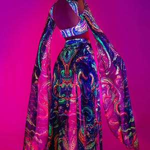 Psychedelic Rave Set, UV Rave Set, UV Reactive Festival Cutout Set, Maxi Sleeve Set Woman, UV Mesh Rave Clothing, Festival Party Outfit image 2