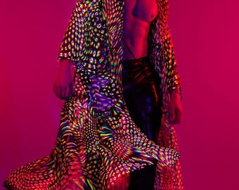Rave Mesh Duster, UV Light Reactive Duster, Psychedelic Festival Duster, Rave Outfit For Woman, Unisex Disco Duster Woman, Festival Robe