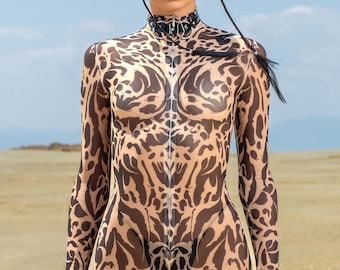 Burning Man mesh-outfit, festivalkostuum vrouwen, rave pure catsuit, romper met tribal print, psychedelische kleding, mesh rave-kostuum vrouw