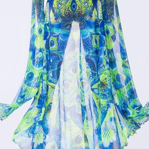Blauer Mesh Rock mit offener Vorderseite, UV-reaktiver Mesh-Rock, Transparenter Rock, Psychedelischer Frauen-Rock, Festival Kostüm, Rave-Kleidung