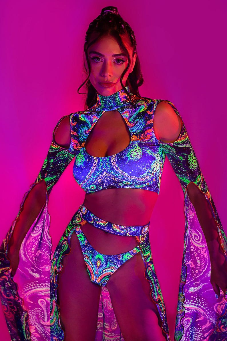 Psychedelic Rave Set, UV Rave Set, UV Reactive Festival Cutout Set, Maxi Sleeve Set Woman, UV Mesh Rave Clothing, Festival Party Outfit image 3