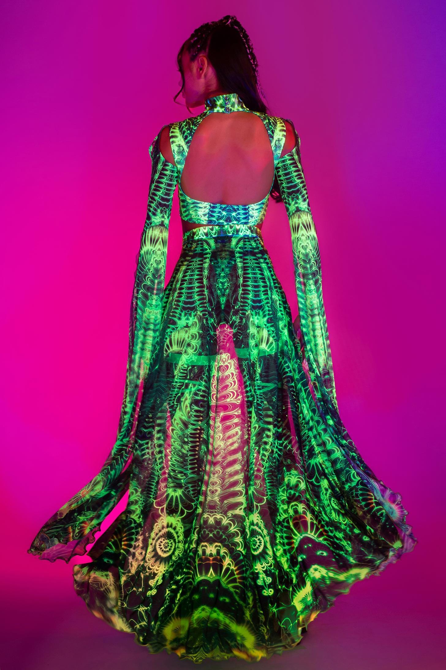 UV Green Maxi Sleeve Top Woman, UV Reactive Rave Crop Top, Mesh Rave ...