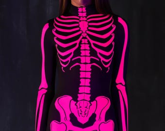Glow in the Dark Skeleton Bodysuit, Halloween Costume Women, Pink Skeleton Costume, Sexy Halloween Costume Adult, Skeleton Cosplay Costume