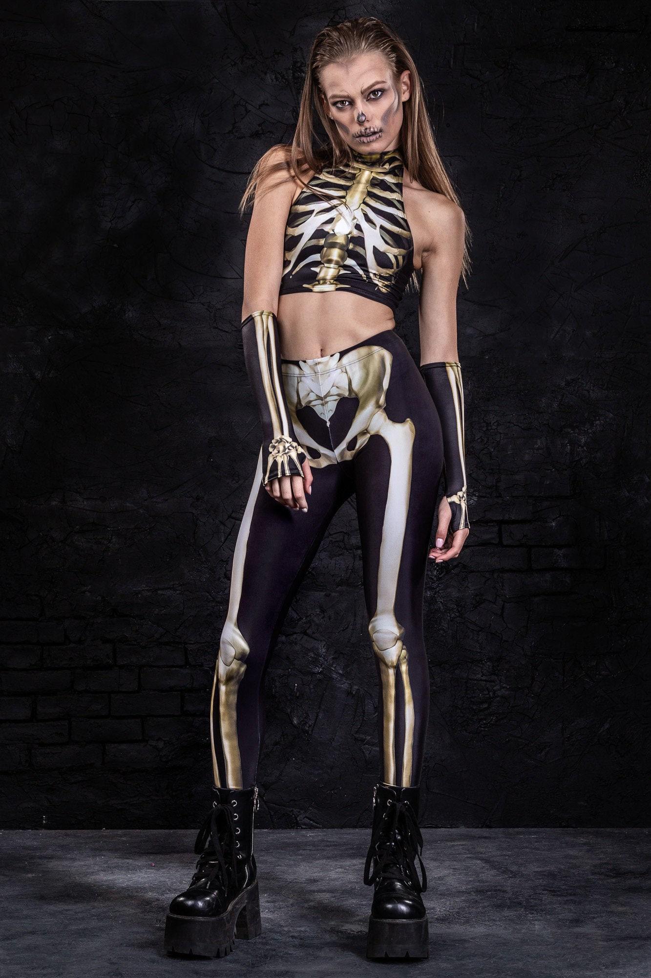 Halloween Skeleton Leggings, Skeleton Tank Top Women, Fingerless Skeleton Gloves, Gothic Clothing, Pagan Clothing, Skeleton Costume Woman