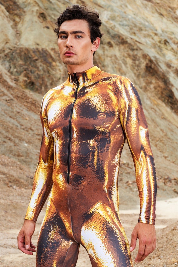 Gouden kostuum mannen, mannelijke gouden bodysuit, Rave kleding mannen,  LGBT-kleding, Burning Man kostuum mannen, Festival leotard mannen, sexy man  bodysuit - Etsy Nederland