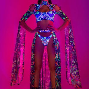 Psychedelic Rave Set, UV Rave Set, UV Reactive Festival Cutout Set, Maxi Sleeve Set Woman, UV Mesh Rave Clothing, Festival Party Outfit