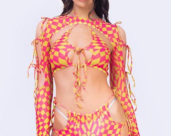 Transparent Shrug Crop Top, Pink Sheer Crop Top, Festival Shrug, Long Sleeve Top, Psychedelic Top, Cutout Rave Top, Rave Ribbon Mesh Top