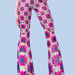 Disco Flare Bell Bottom Pants, Sheer Bell Bottom Pants Women, Wide Legged Mesh Pants Women, Hippie Outfit Set Women, Sheer Crop Top Women
