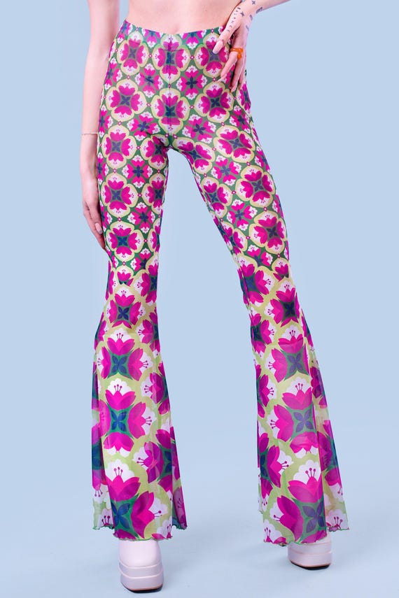 Sheer Mesh Glitter Flared Pants Met Top Disco Flare Bell Bottom