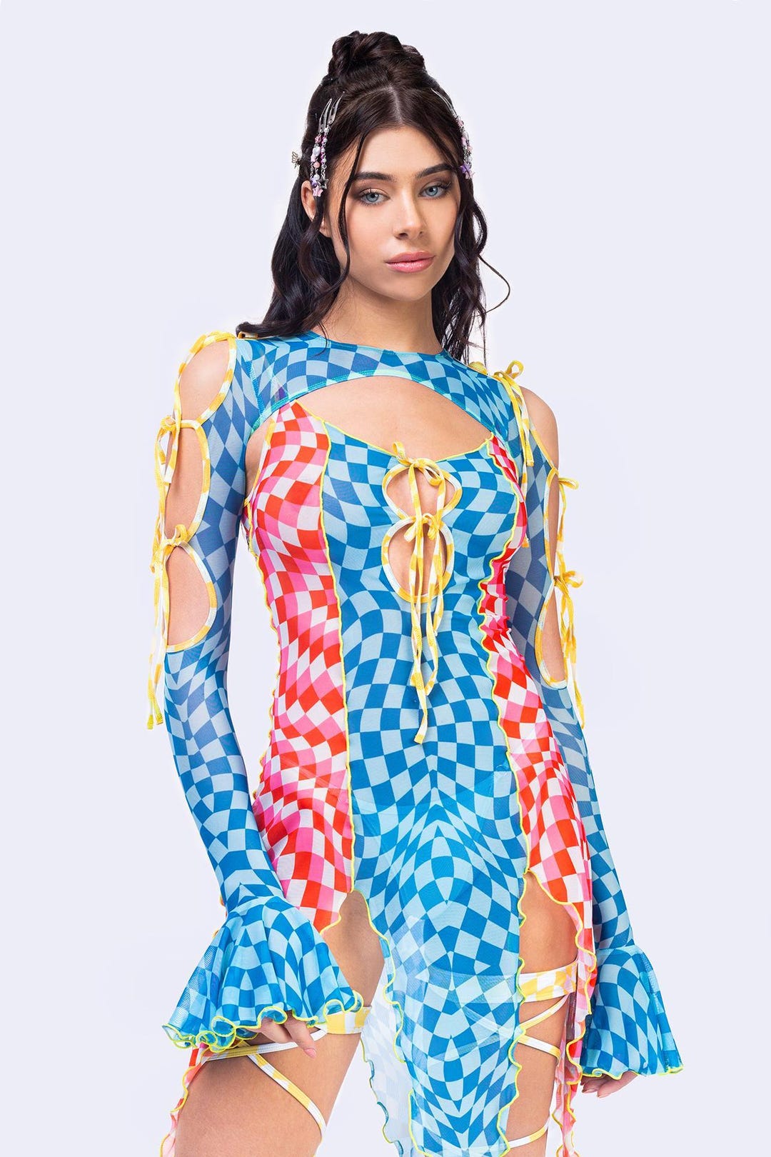 Mesh Tulip Dress Set, Checkered Rave Outfit, Women Rave Dress, Festival ...