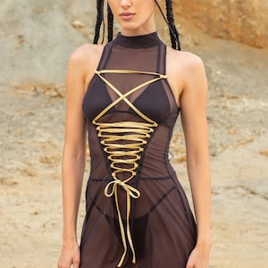 Sheer Rave Dress, Festival Clothing For Women, Gold Details Mesh Dress, Rave Outfit Women, Lace Up Bodice Dress, Burning Man Mesh Outfit