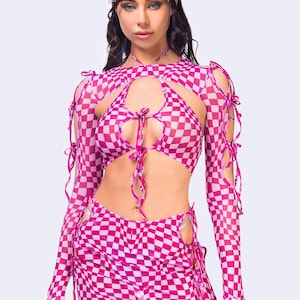 Rave Ribbon Mesh Top, Transparent Crop Top, Sheer Crop Top, Festival Shrug, Long Sleeve Top, Psychedelic Top, Cutout Rave Top, Pink Rave Top