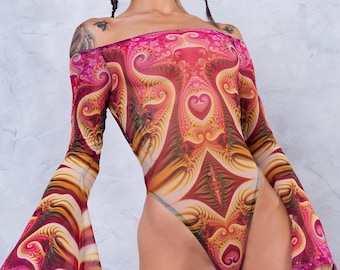 Festivaloutfit vrouwen, sexy bodysuit, ravekleding dames, mesh festivaloutfit, futuristische kleding, ravewear, festivalbodysuit, festivaloutfit