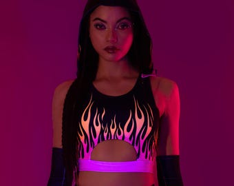 UV Light Reflective Top, Festival Shorts Women, Rave Top Woman, Long Belt Hooded Top, Festival Cutout Top, Neon Top Woman, Festival Costume