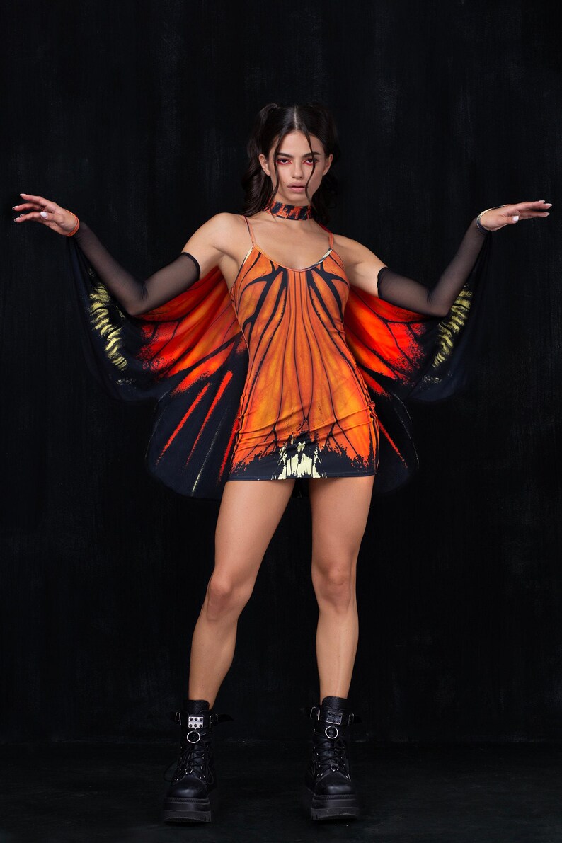 Fee vlindervleugels, bloemblaadjes, cosplay minimale jurk vrouwen, transparante vleugels, jurk met spaghettibandjes, damesfestivalfeeënjurk afbeelding 2