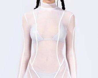 Rave mesh-kostuum vrouw, Burning Man-kostuum vrouwen, mesh bodysuit vrouw, romper festivalfeest, witte mesh-kostuum, festivaloutfit vrouw