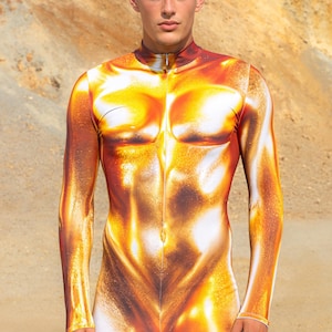 Gold Cyberpunk Costume Men, Festival Outfit Men, Burning Man Bodysuit, Robot Rave Clothing, Futuristic Costume Men, Cyber Festival Catsuit
