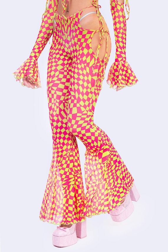 Mesh Cutout Rave Pants, Transparent Flared Pants, Pink Sheer Pants