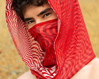 Dubbelzijdige capuchon rave, capuchon feestgaas, Burning Man-kleding, psychedelische kap Rave, festivaloutfit, festivalaccessoires, capuchon ravefeest